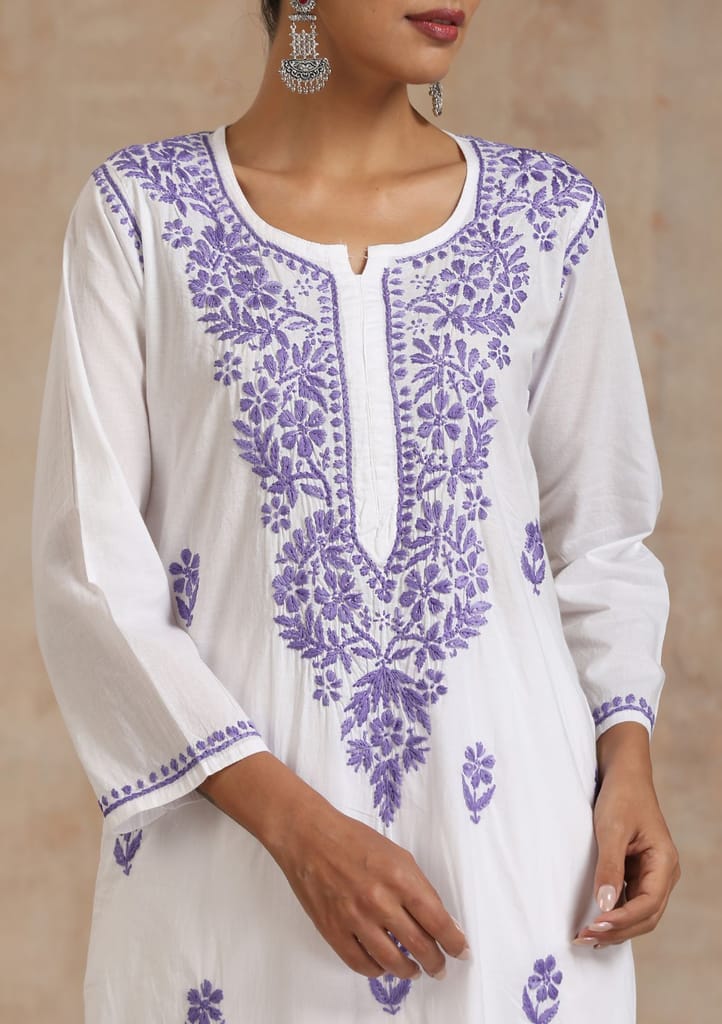 Cotton Chikankari Solid Women's Long Kurta - Purple
