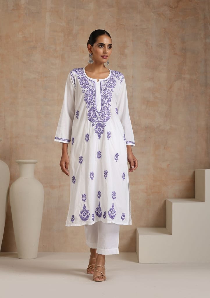 Cotton Chikankari Solid Women's Long Kurta - Purple