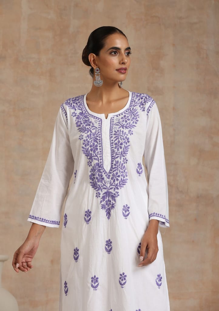 Cotton Chikankari Solid Women's Long Kurta - Purple