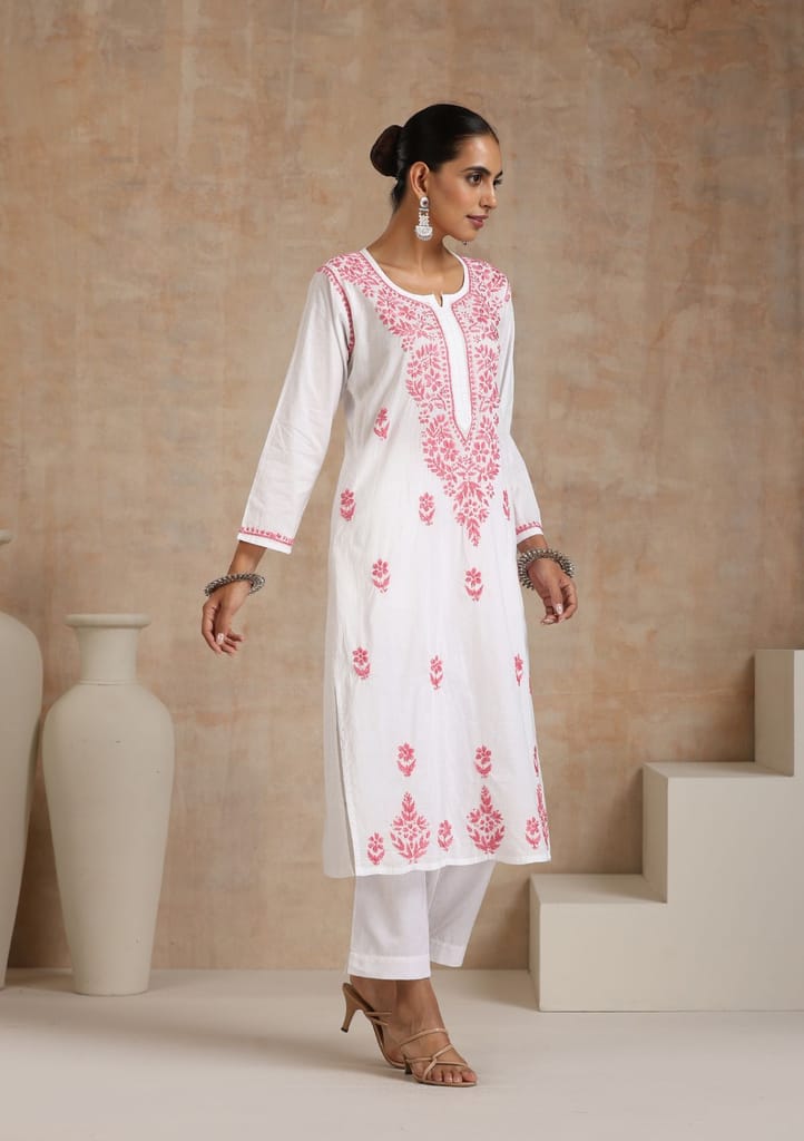 Cotton Chikankari Solid Women's Long Kurta - Pink