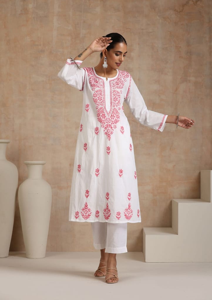 Cotton Chikankari Solid Women's Long Kurta - Pink