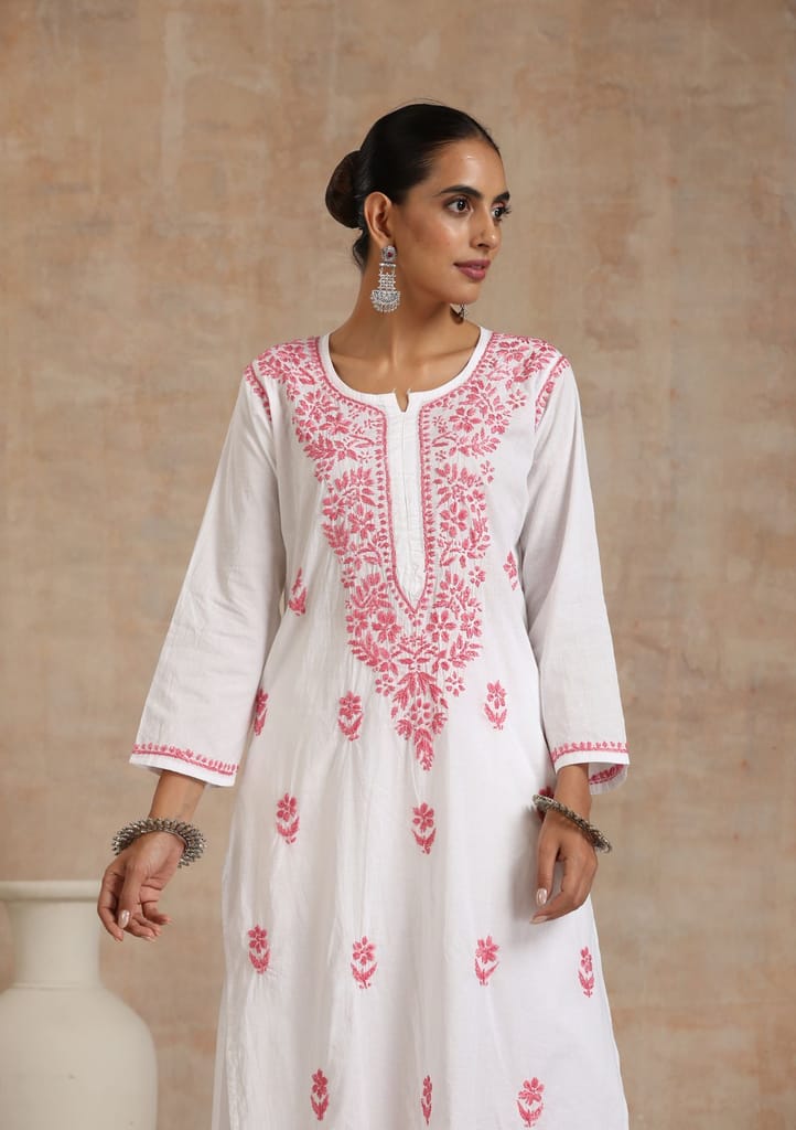 Cotton Chikankari Solid Women's Long Kurta - Pink
