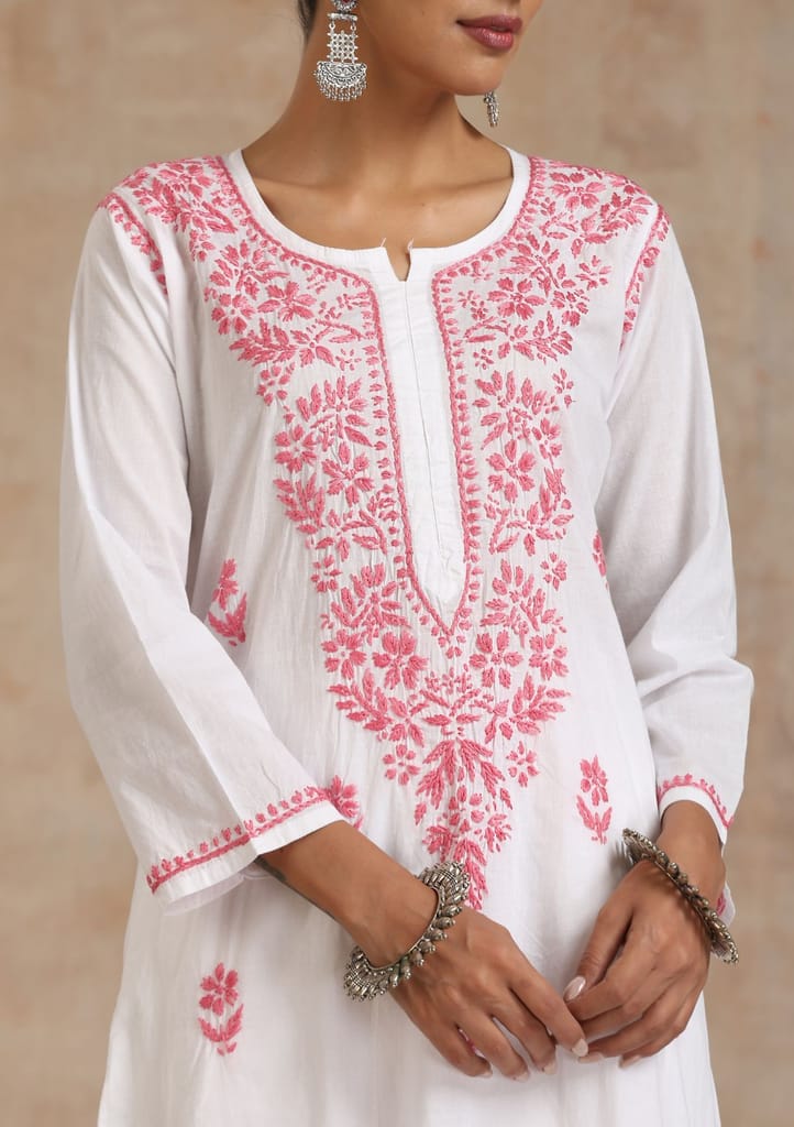 Cotton Chikankari Solid Women's Long Kurta - Pink