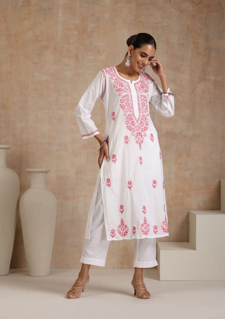Cotton Chikankari Solid Women's Long Kurta - Pink