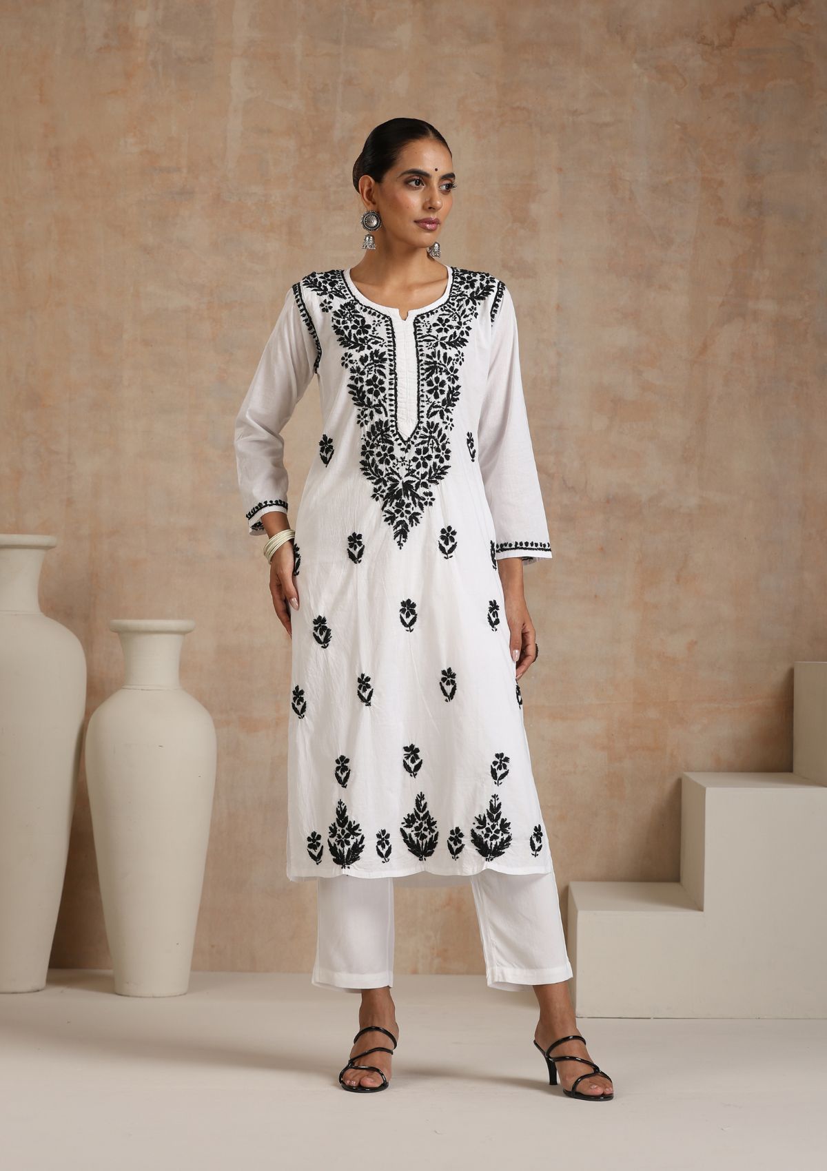 Cotton Chikankari Solid Women's Long Kurta - Black