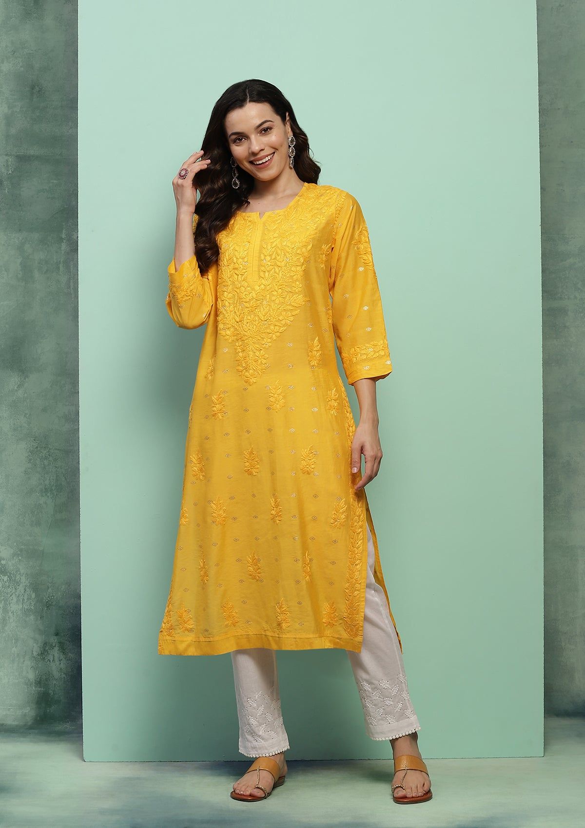 Chanderi Chikankari Solid Women's Long Kurta - Yellow