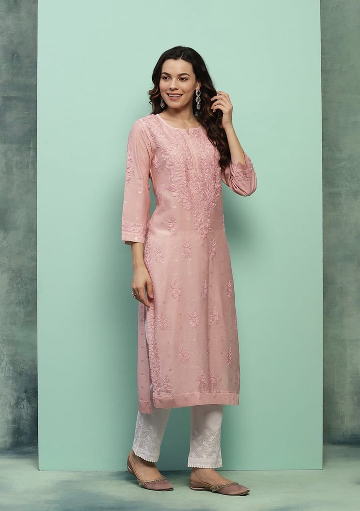 Chanderi Chikankari Solid Women's Long Kurta - Dust Pink