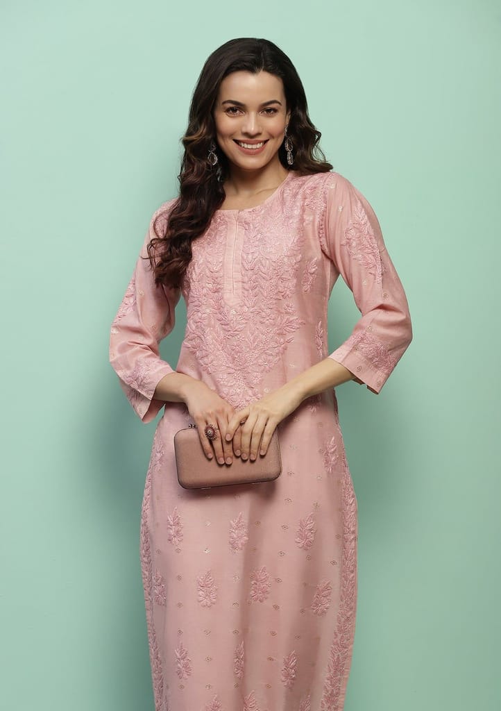 Chanderi Chikankari Solid Women's Long Kurta - Dust Pink