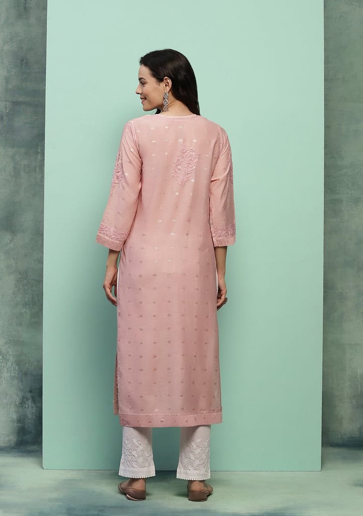 Chanderi Chikankari Solid Women's Long Kurta - Dust Pink