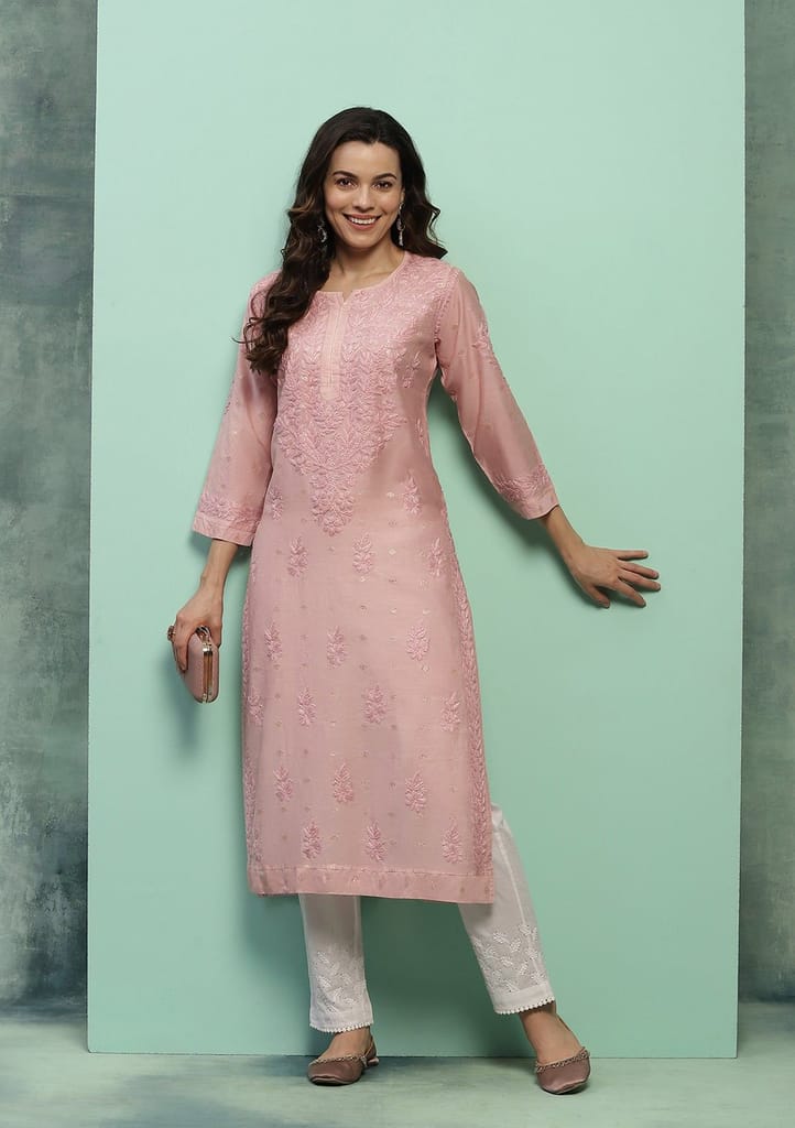 Chanderi Chikankari Solid Women's Long Kurta - Dust Pink