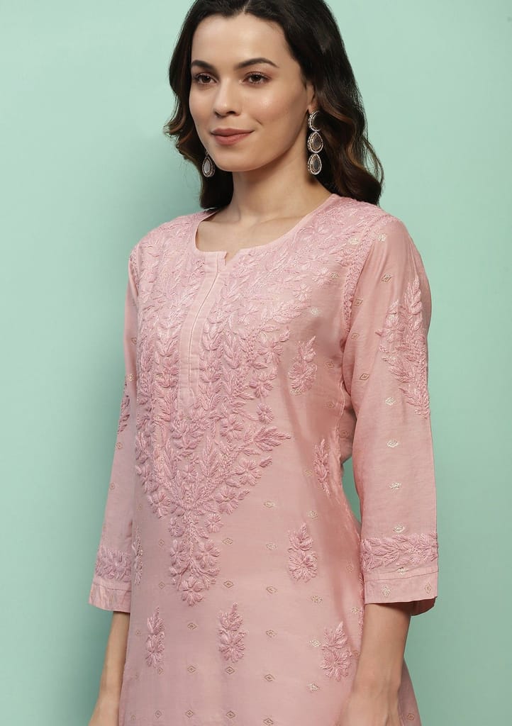 Chanderi Chikankari Solid Women's Long Kurta - Dust Pink