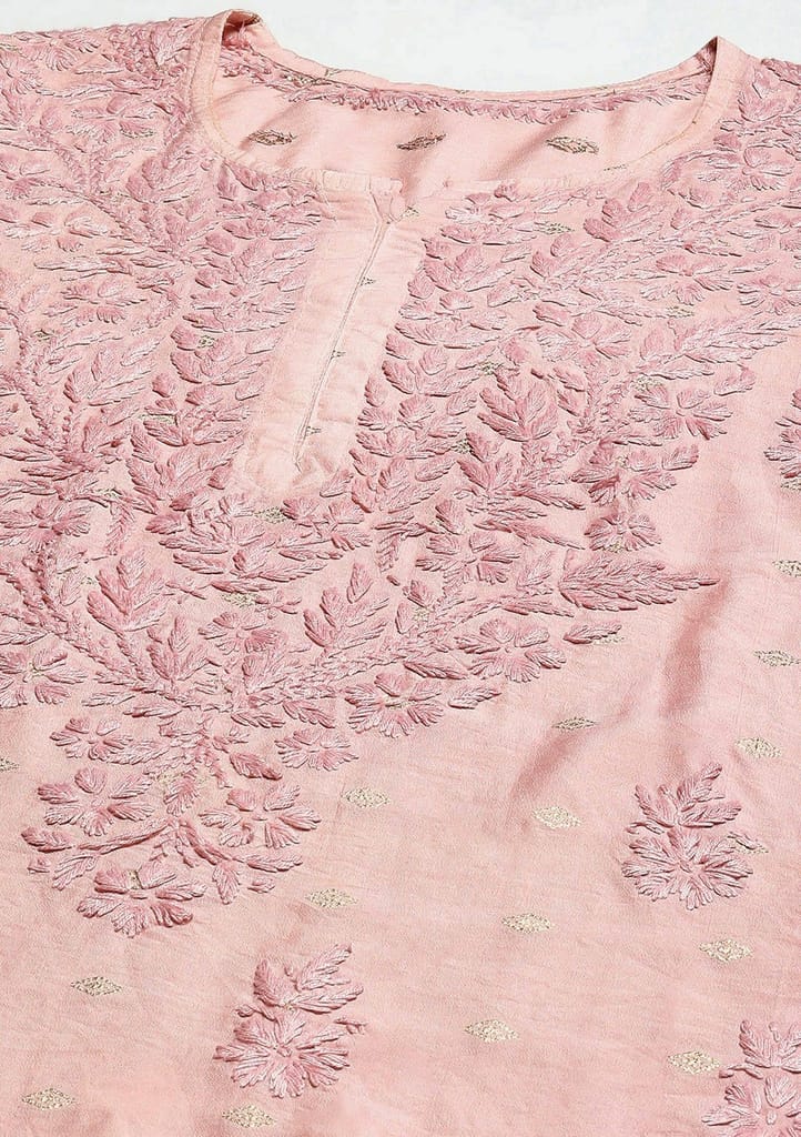 Chanderi Chikankari Solid Women's Long Kurta - Dust Pink