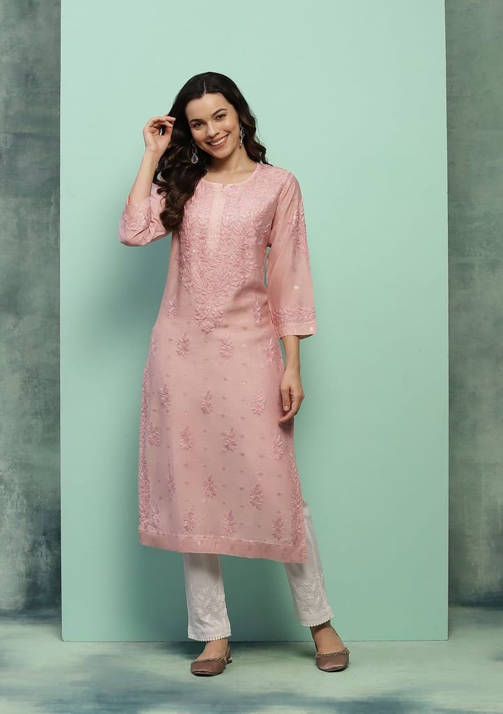 Chanderi Chikankari Solid Women's Long Kurta - Dust Pink