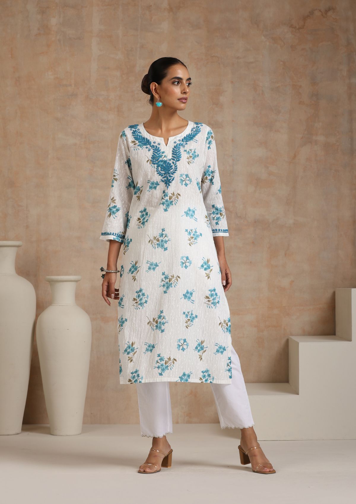 Cotton Chikankari Printed Women's Long Kurta - White