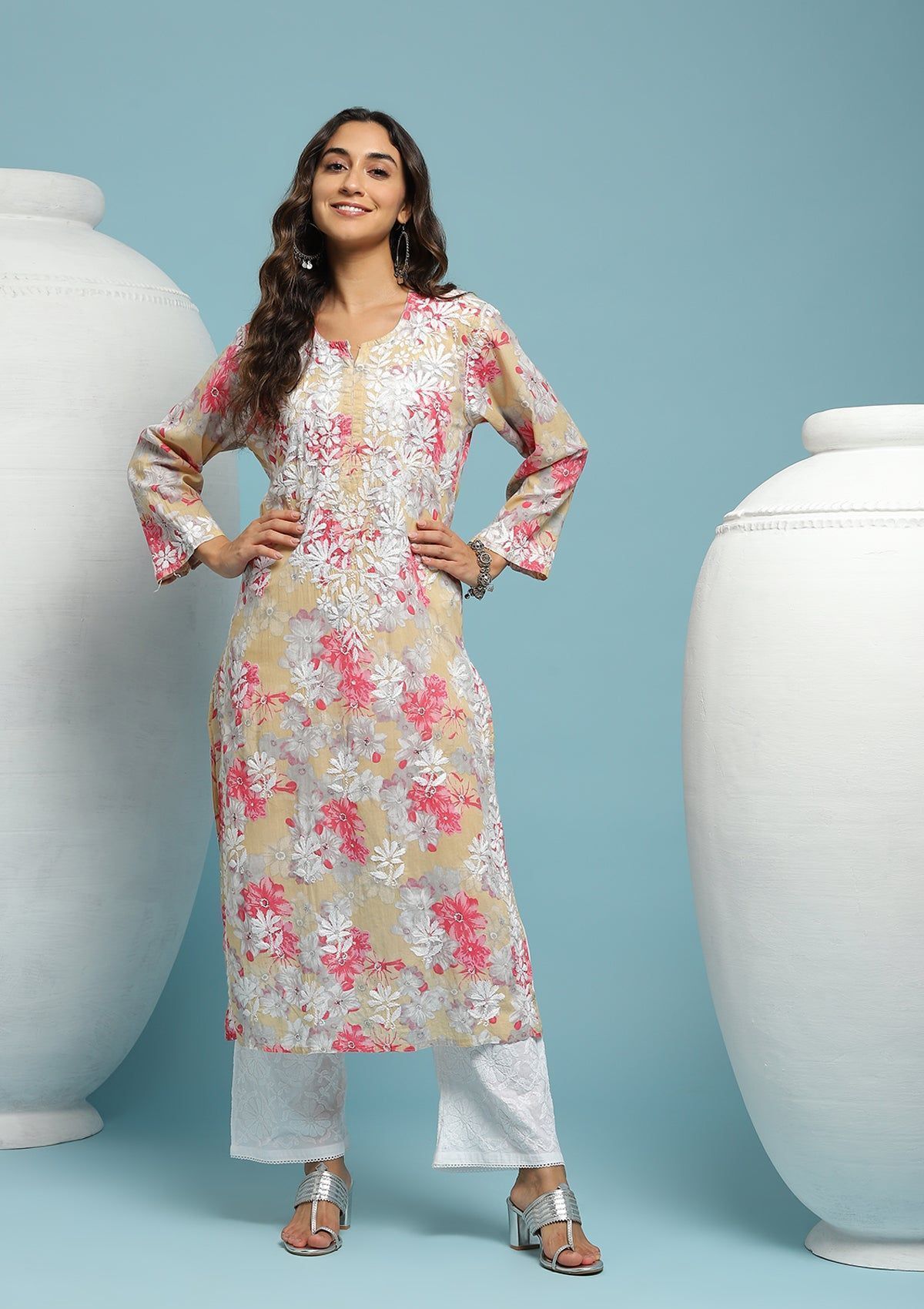 Cotton Chikankari Printed Women's Long Kurta - Beige