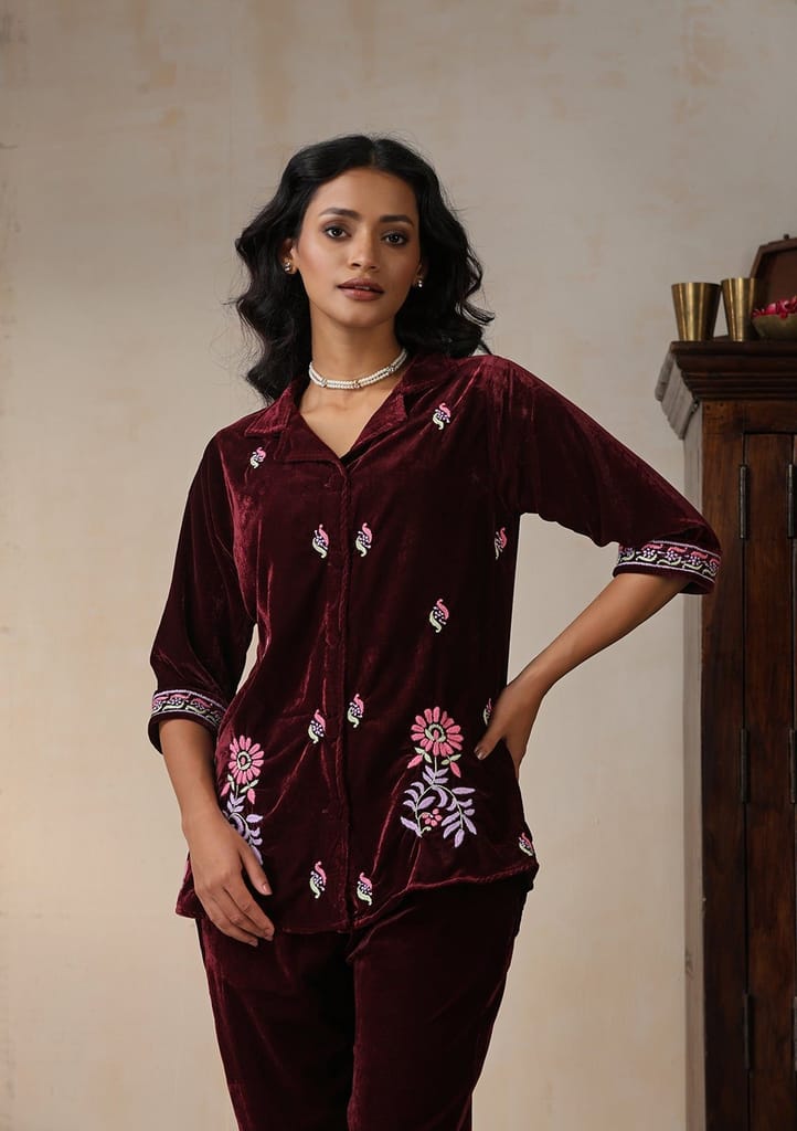 Velvet Chikankari Solid Women's 2 PC Co-ord Set - Maroon
