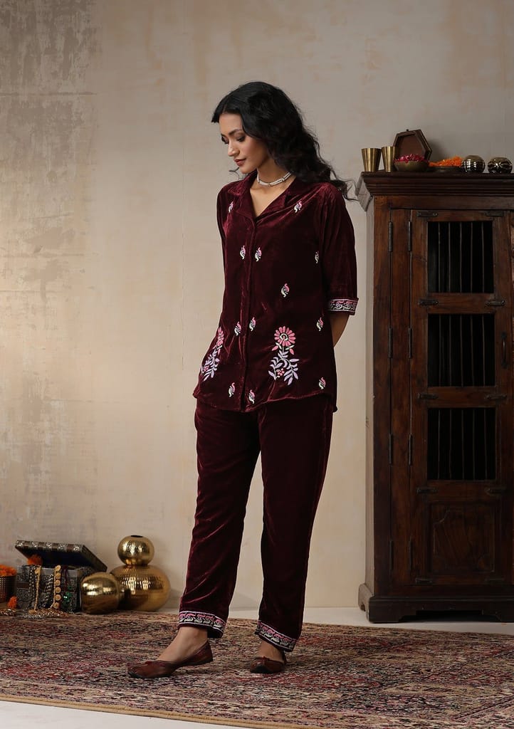 Velvet Chikankari Solid Women's 2 PC Co-ord Set - Maroon