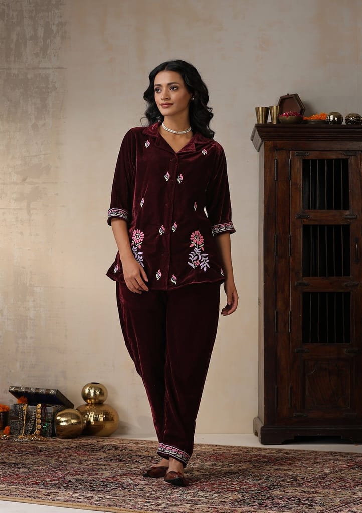 Velvet Chikankari Solid Women's 2 PC Co-ord Set - Maroon