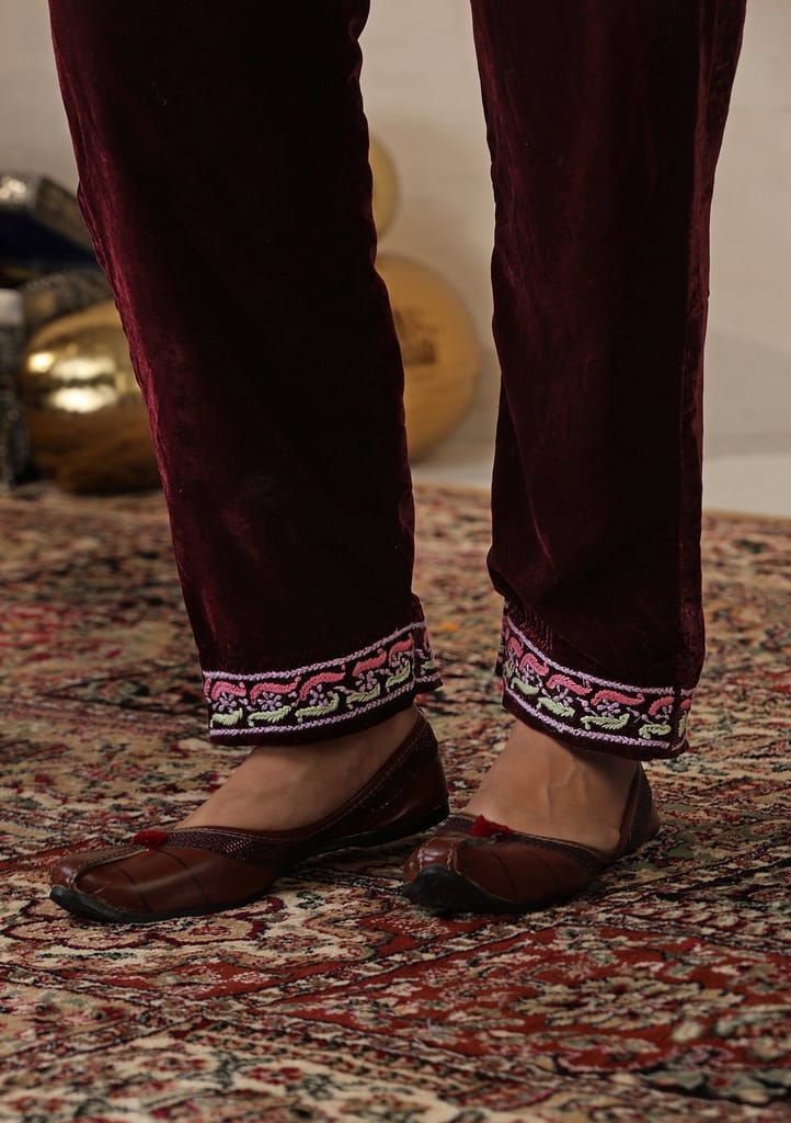 Velvet Chikankari Solid Women's 2 PC Co-ord Set - Maroon