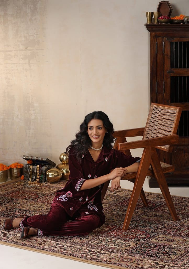Velvet Chikankari Solid Women's 2 PC Co-ord Set - Maroon