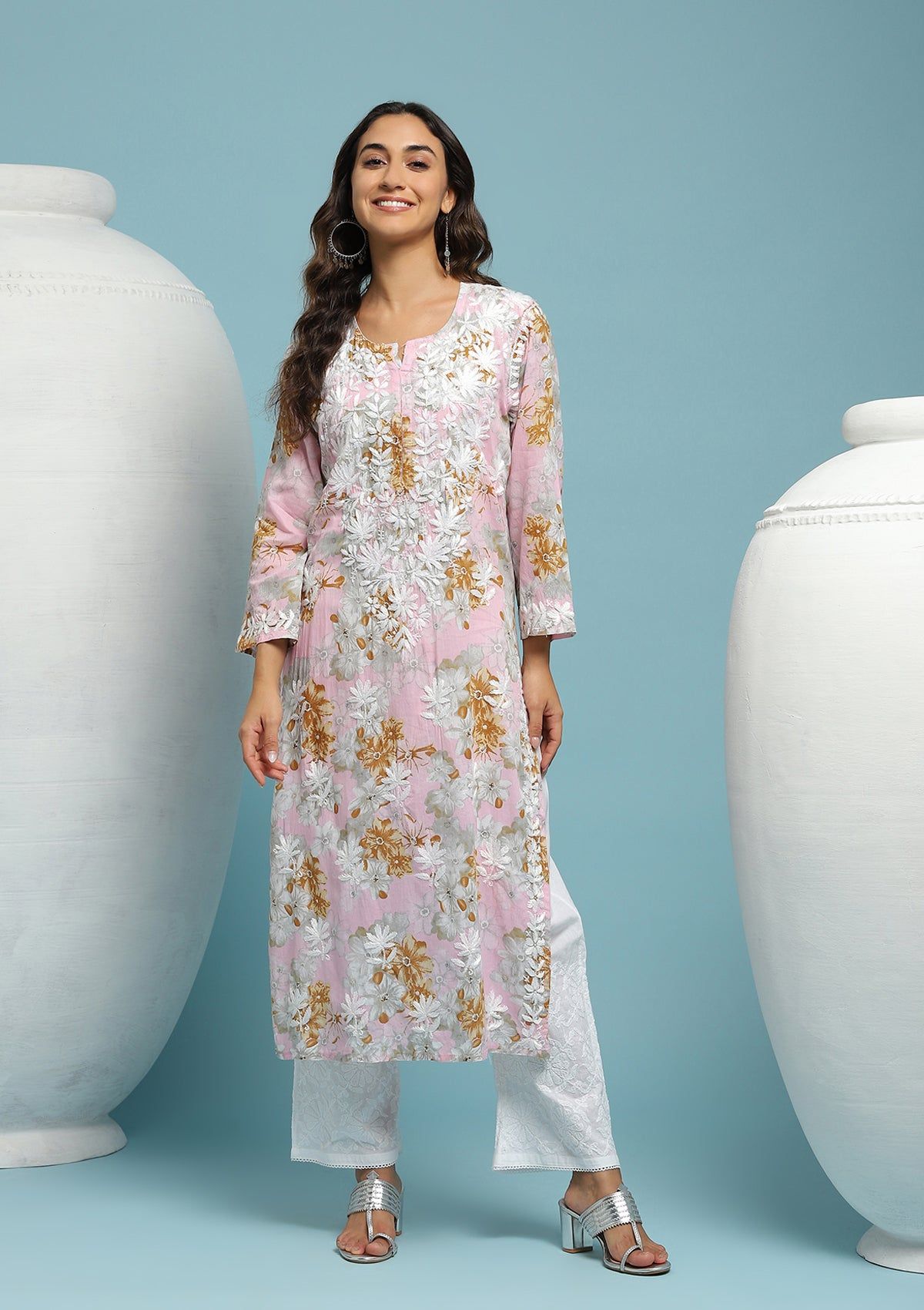 Cotton Chikankari Printed Women's Long Kurta - Pink