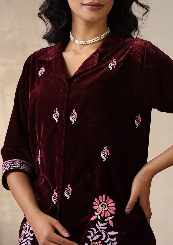 Velvet Chikankari Solid Women's 2 PC Co-ord Set - Maroon