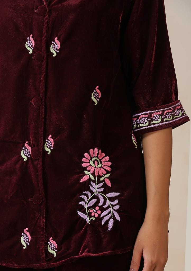 Velvet Chikankari Solid Women's 2 PC Co-ord Set - Maroon