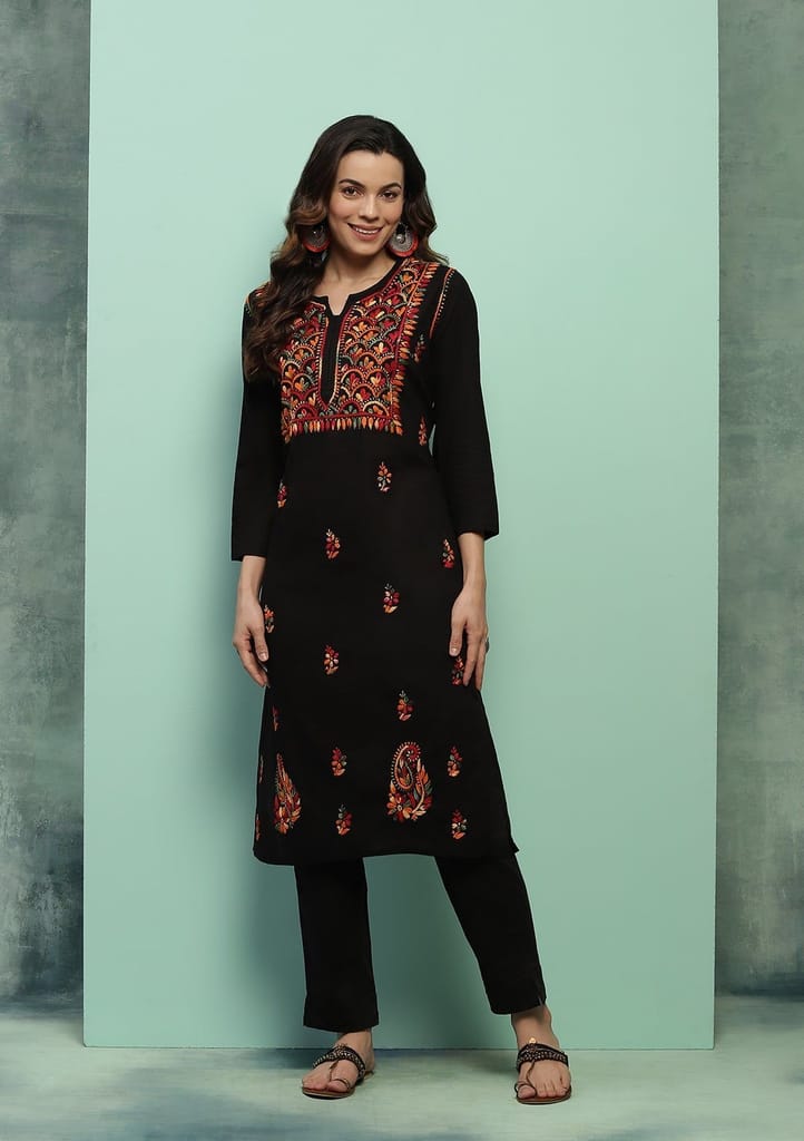 Cotton Chikankari Solid Women's Long Kurta - Black