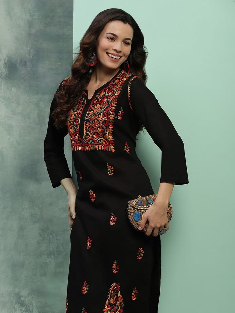 Cotton Chikankari Solid Women's Long Kurta - Black