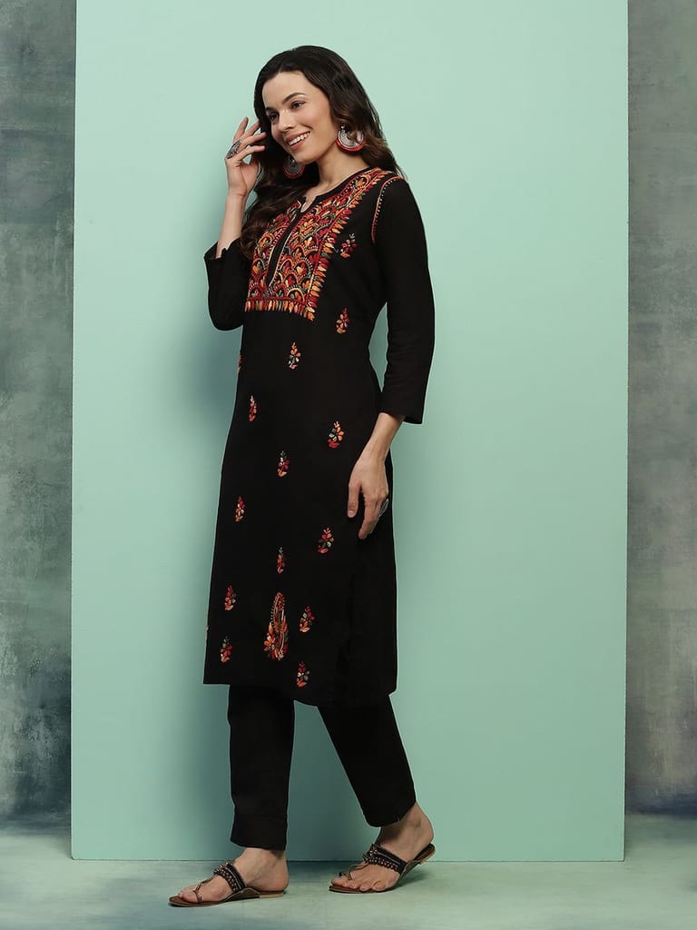 Cotton Chikankari Solid Women's Long Kurta - Black