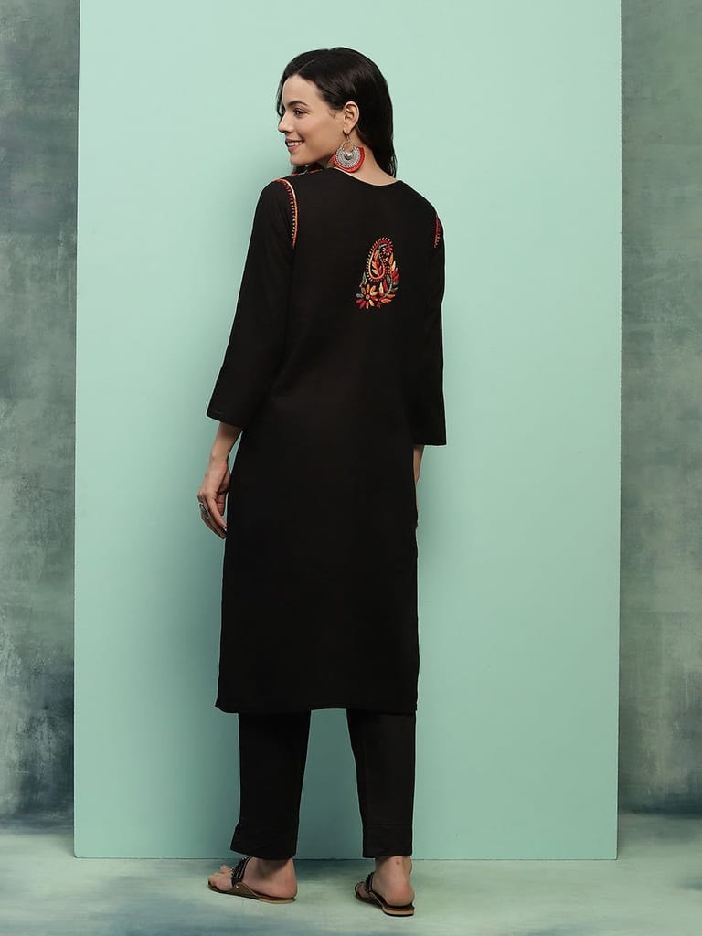 Cotton Chikankari Solid Women's Long Kurta - Black