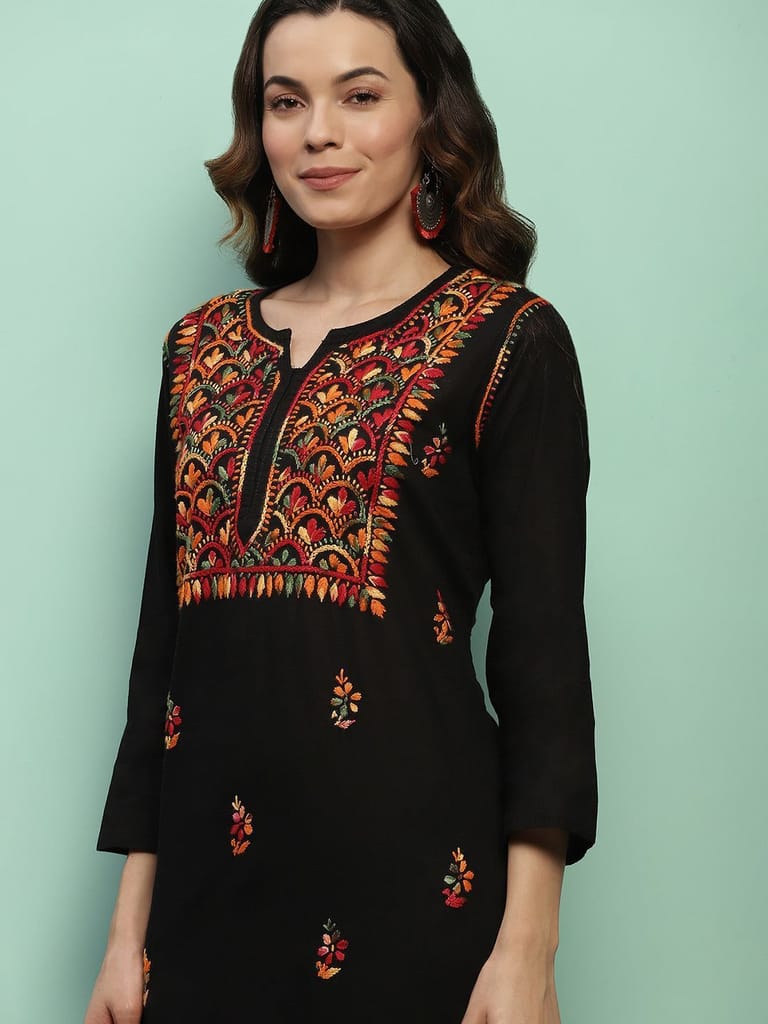 Cotton Chikankari Solid Women's Long Kurta - Black