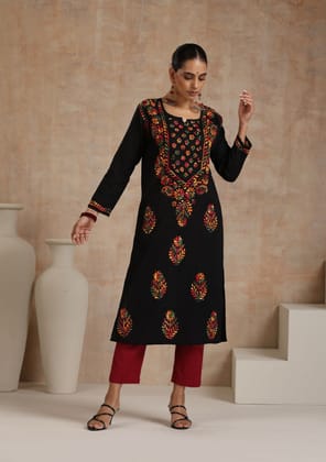 Cotton Chikankari Women's Long Kurta - Black