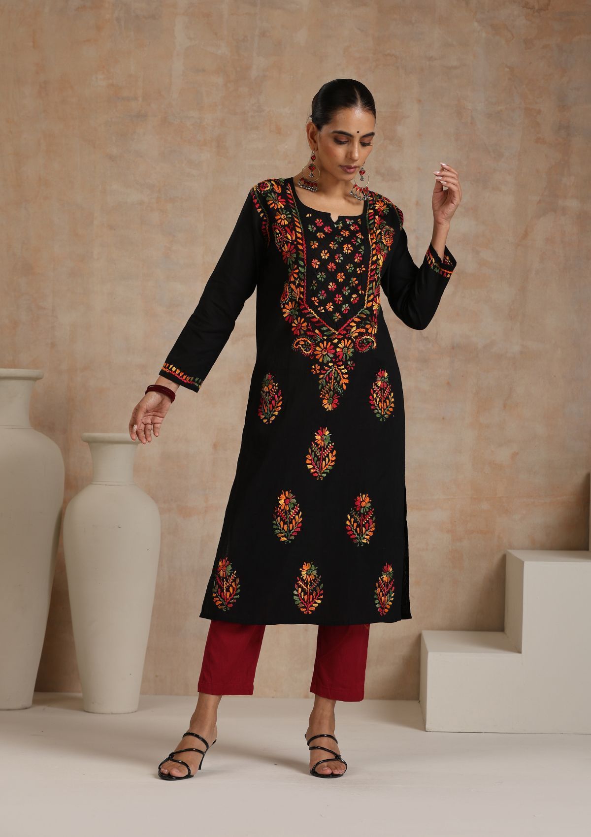 Cotton Chikankari Women's Long Kurta - Black