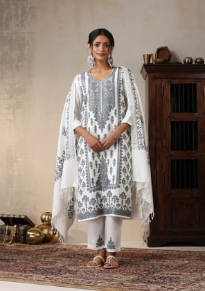 HOC Crafts Woollen Aari Embroidered Solid Women's 3 PC Long Kurta Set with Dupatta - White