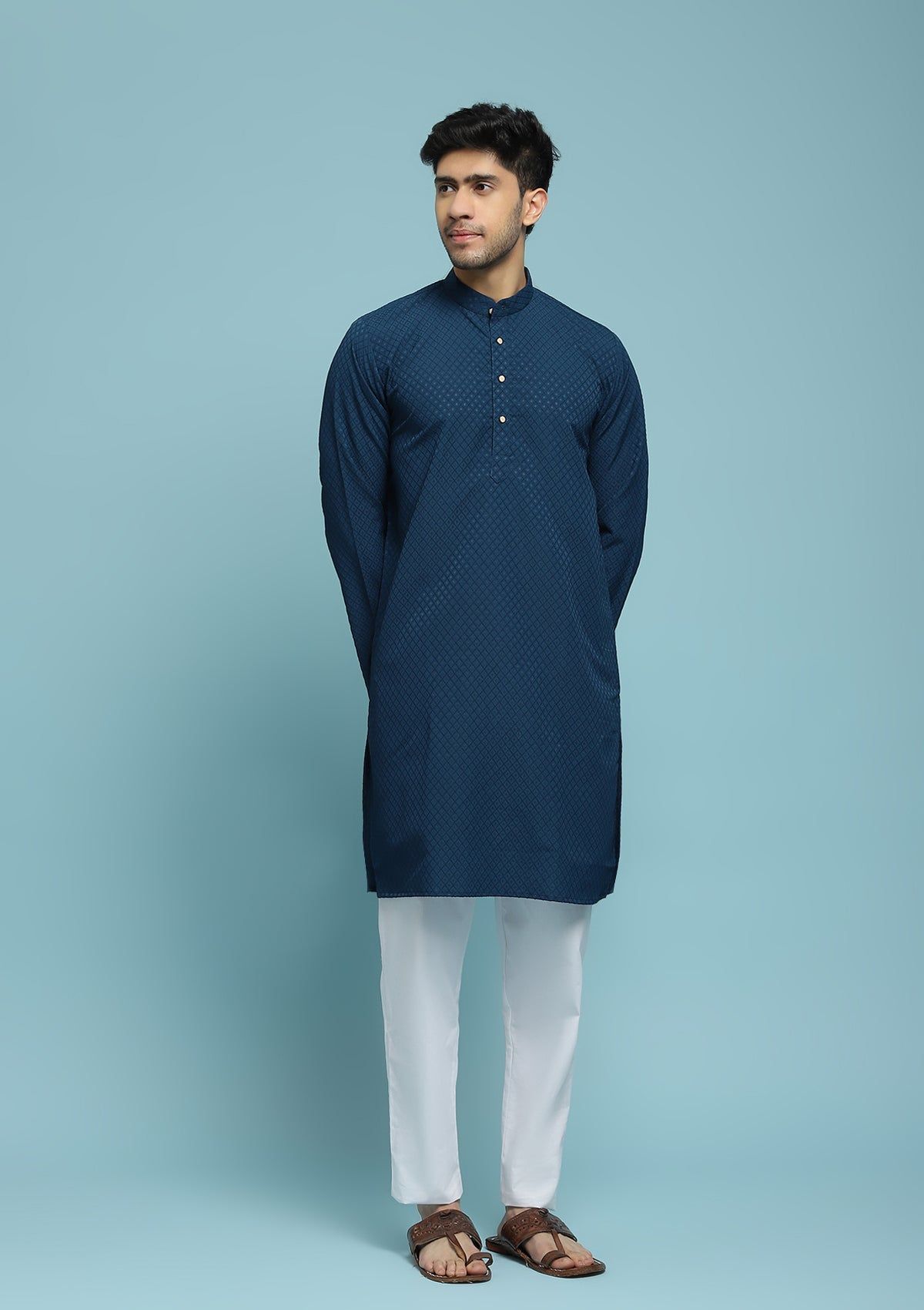 Dobby Textured Solid Men's Long Kurta - Blue