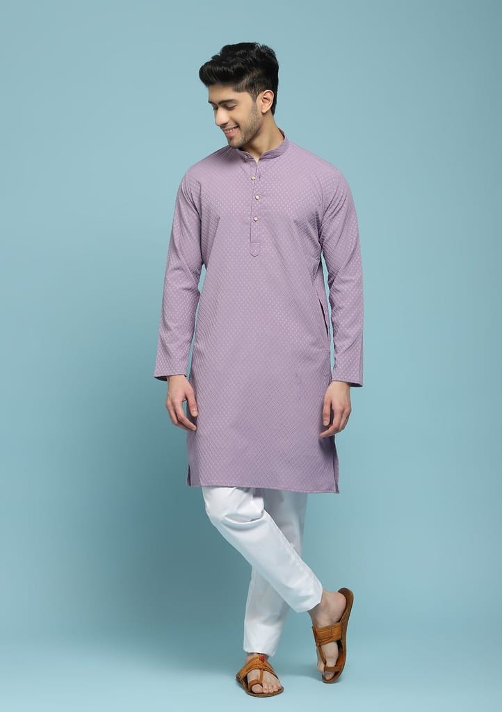 Dobby Textured Solid Men's Long Kurta - Purple