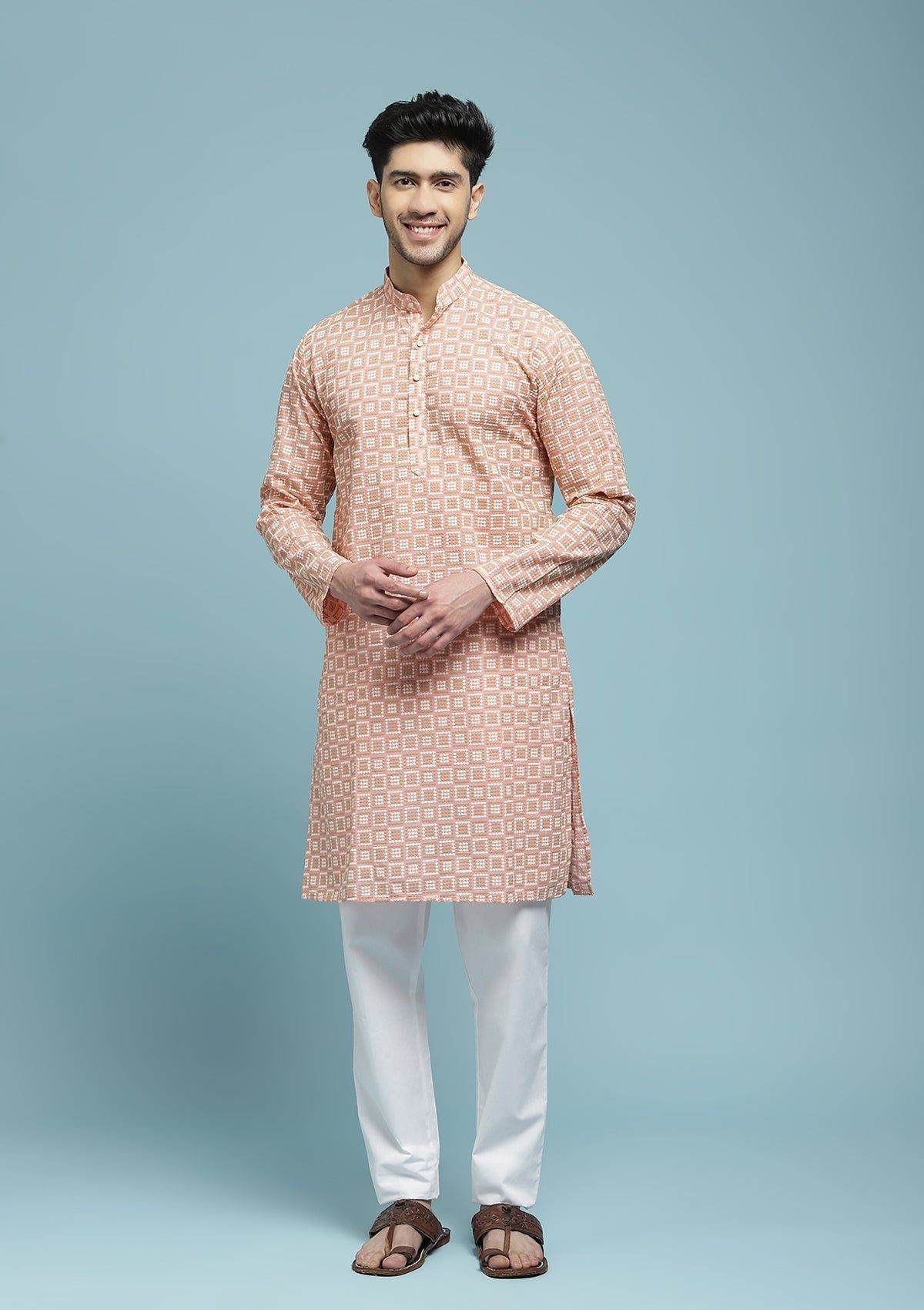 Cotton Schiffli Solid Men's Long Kurta - Pink