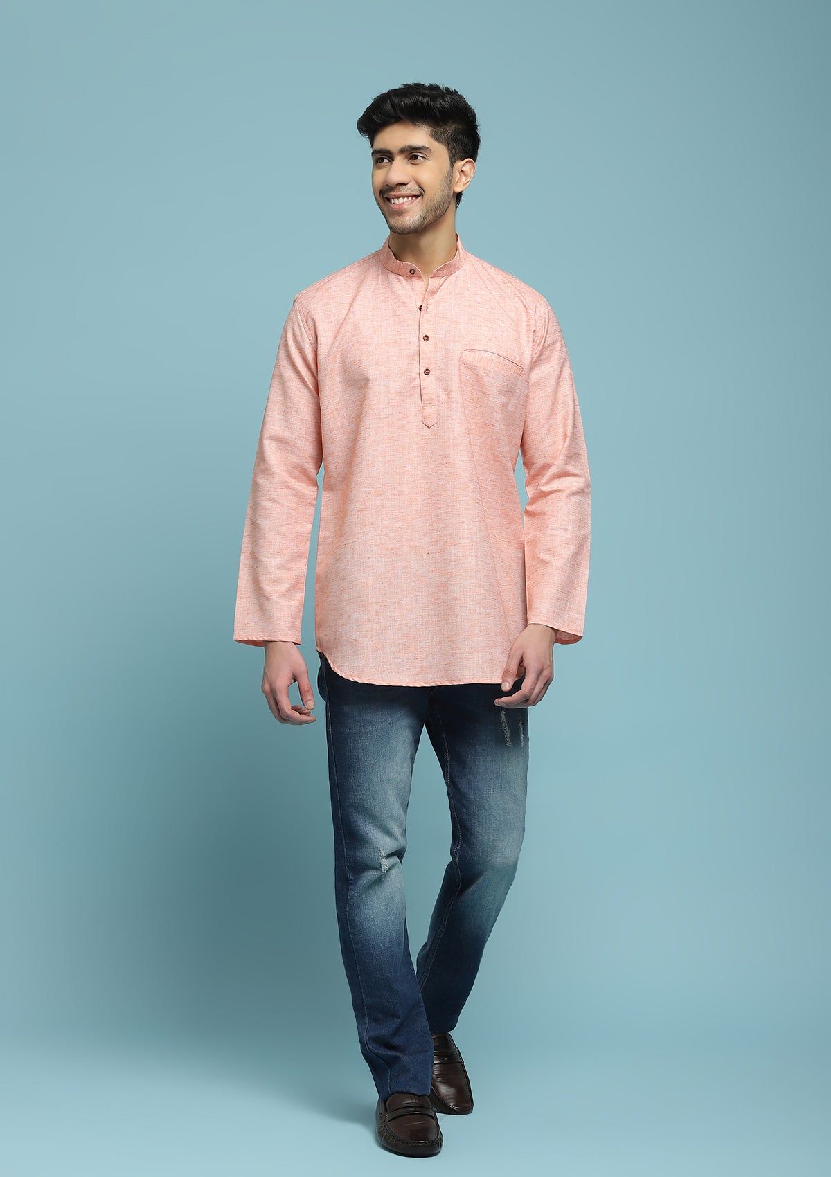 Poly Cotton Solid Men's Short Kurta - Peach