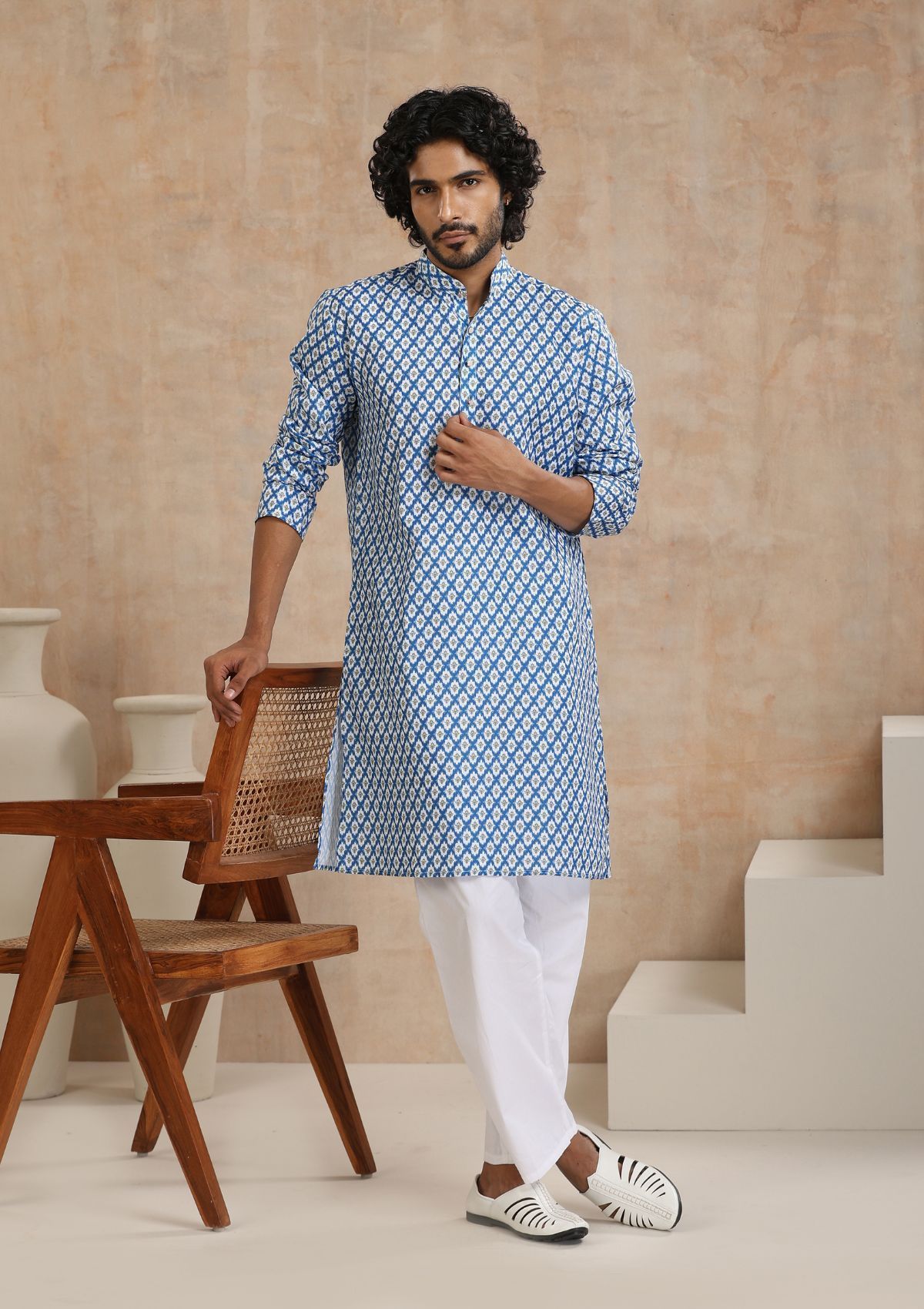 Poly Cotton Printed Men's Long Kurta - Blue