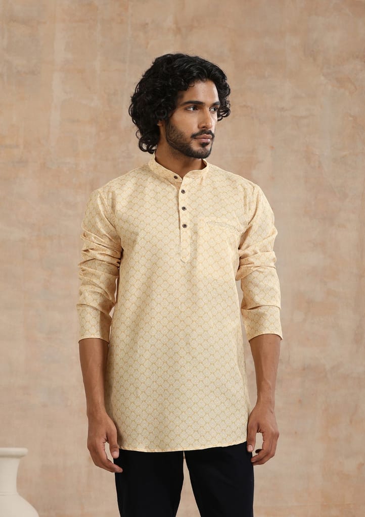 Poly Cotton Printed Men's Short Kurta - Mustard