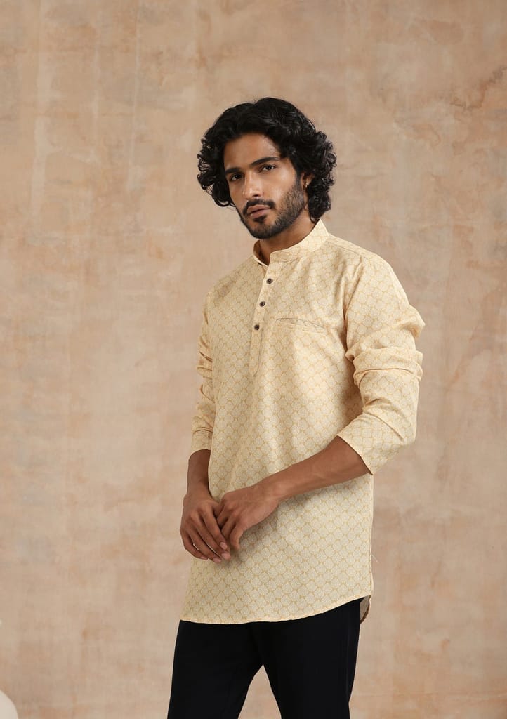 Poly Cotton Printed Men's Short Kurta - Mustard