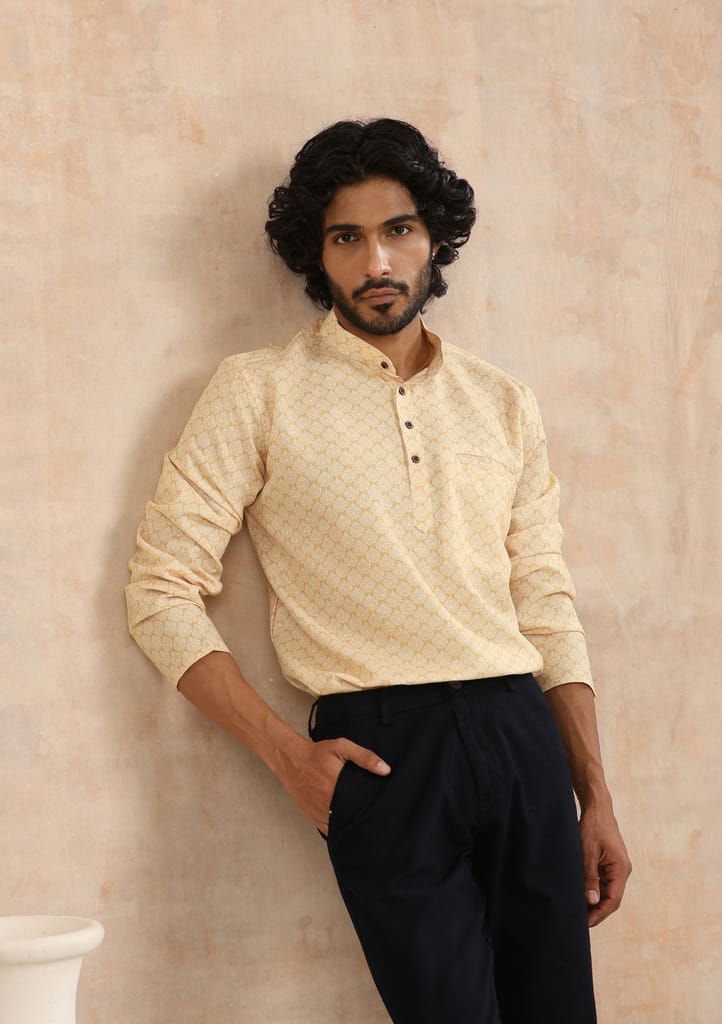 Poly Cotton Printed Men's Short Kurta - Mustard