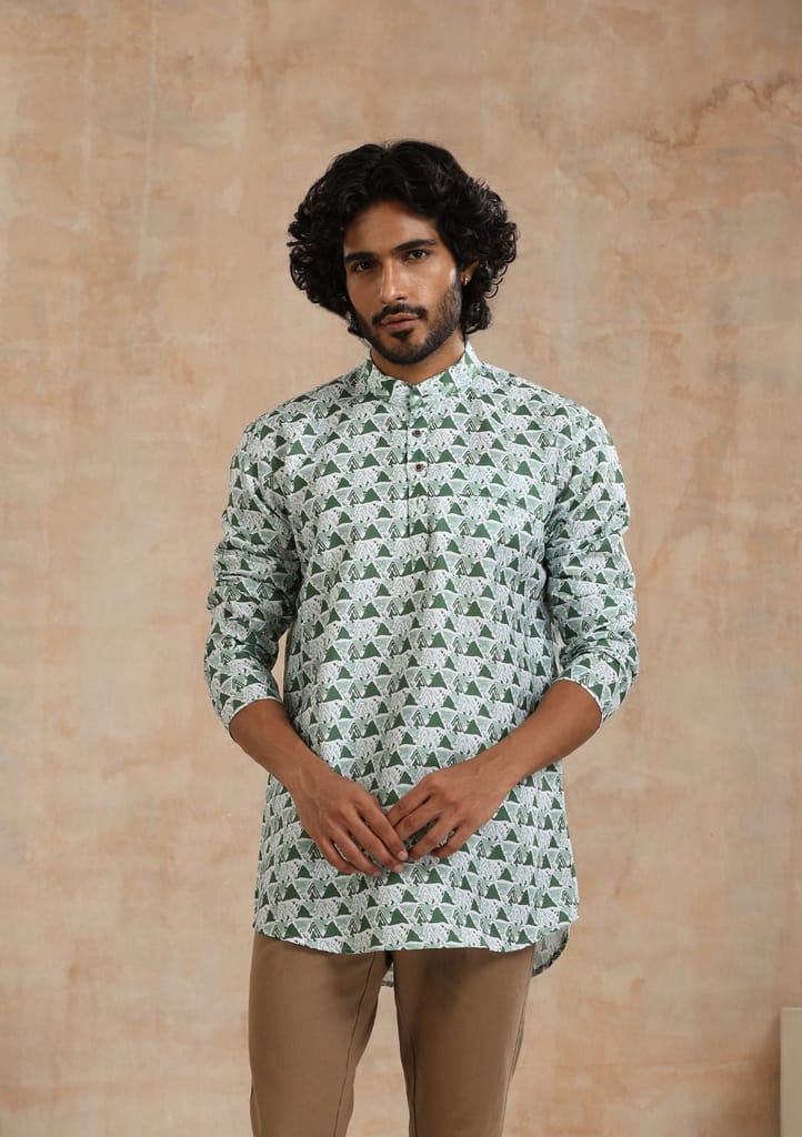 Poly Cotton Printed Men's Short Kurta - Green