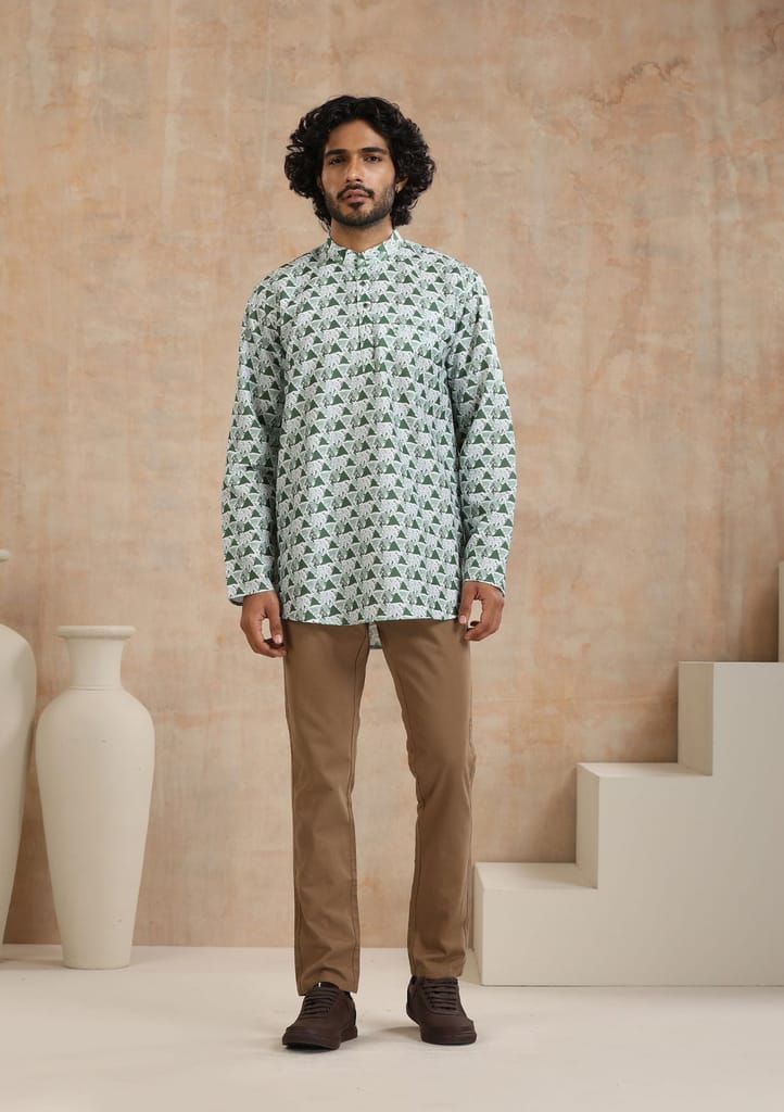 Poly Cotton Printed Men's Short Kurta - Green