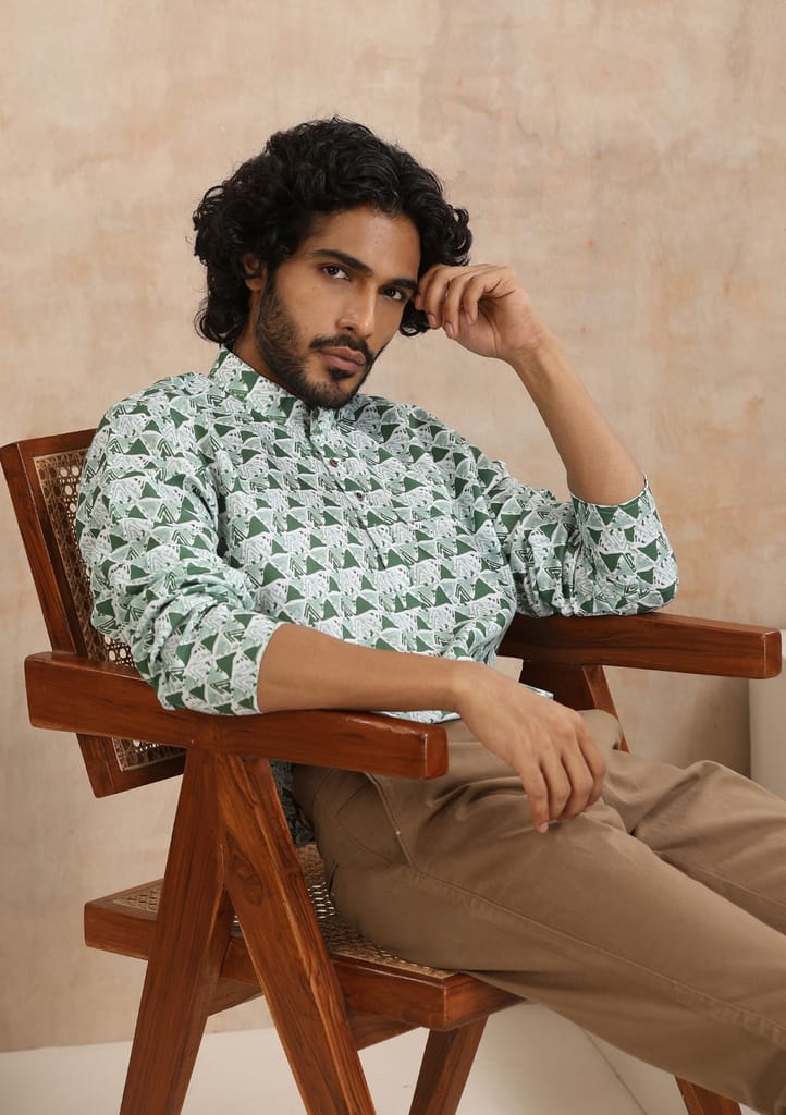 Poly Cotton Printed Men's Short Kurta - Green