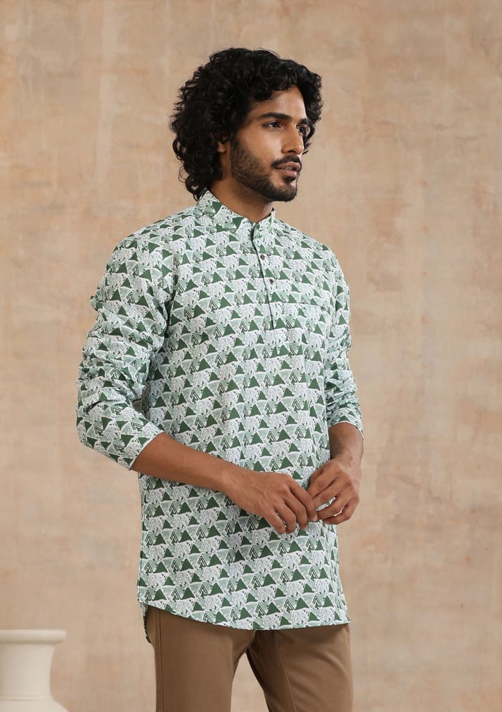 Poly Cotton Printed Men's Short Kurta - Green