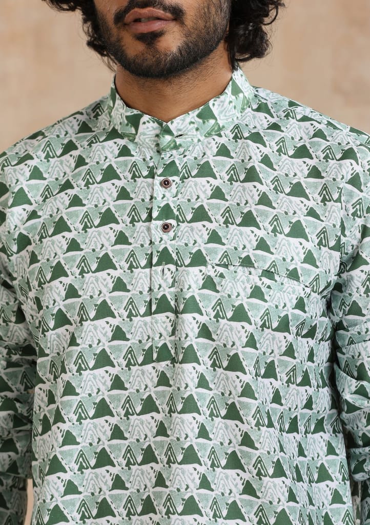 Poly Cotton Printed Men's Short Kurta - Green