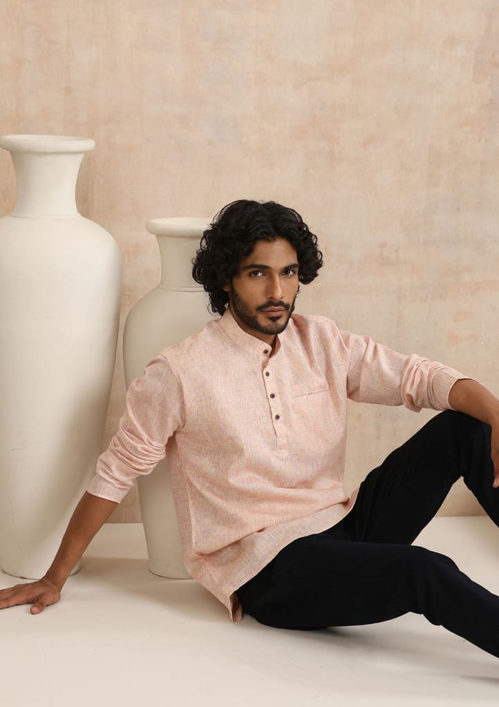 Poly Cotton Solid Men's Short Kurta - Pink