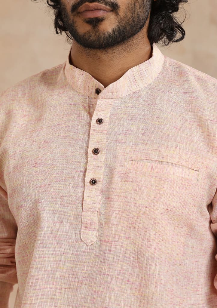 Poly Cotton Solid Men's Short Kurta - Pink